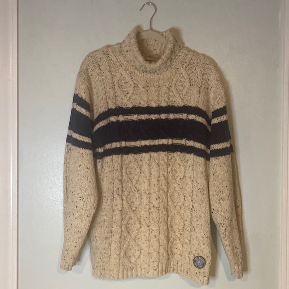 No Excess Snow Wear Wool Blend Striped Creme Cable Knit Turtleneck Sweater-Sz M - Picture 1 of 12